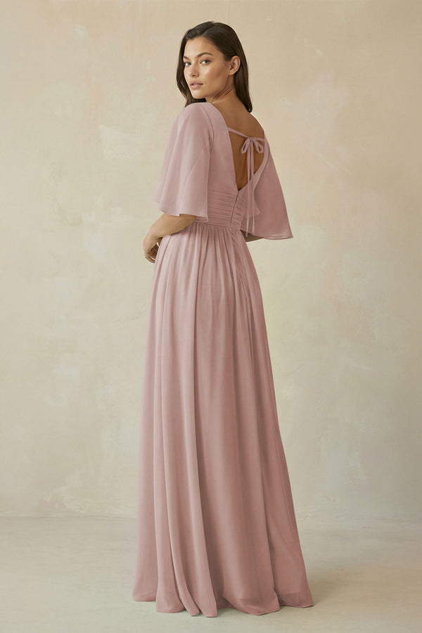 Half Sleeve V-Neck A-Line Chiffon Bridesmaid Gown in Toffee (2) | KISSBRIDAL