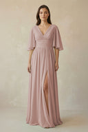 Half Sleeve V-Neck A-Line Chiffon Bridesmaid Gown in Toffee | KISSBRIDAL