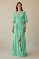 Half Sleeve V - Neck A - Line Chiffon Bridesmaid Gown in Turquoise - KISS BRIDAL Bridesmaid Dresses