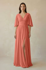 Half Sleeve V - Neck A - Line Chiffon Bridesmaid Gown in Wild Rose - KISS BRIDAL Bridesmaid Dresses