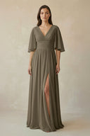 Half Sleeve V - Neck A - Line Chiffon Bridesmaid Gown in Willow Green - SHE IS ME Bridesmaid Dresses