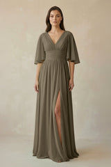 Half Sleeve V - Neck A - Line Chiffon Bridesmaid Gown in Willow Green - KISS BRIDAL Bridesmaid Dresses