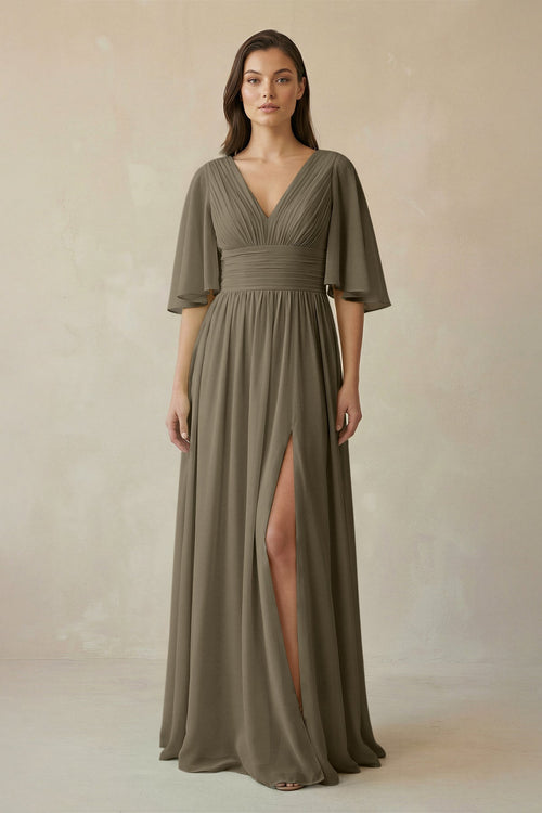 Half Sleeve V - Neck A - Line Chiffon Bridesmaid Gown in Willow Green - SHE IS ME Bridesmaid Dresses