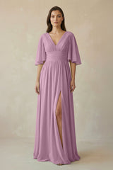 Half Sleeve V - Neck A - Line Chiffon Bridesmaid Gown in Wisteria - KISS BRIDAL Bridesmaid Dresses