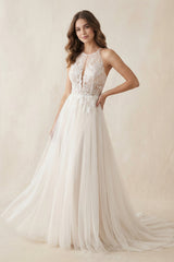Halter A-Line Appliqued Tulle Wedding Dress in Ivory
