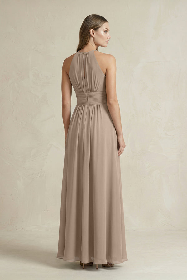 Halter A-Line Chiffon Ankle-Length Bridesmaid Dress in Almond (2) | KISSBRIDAL