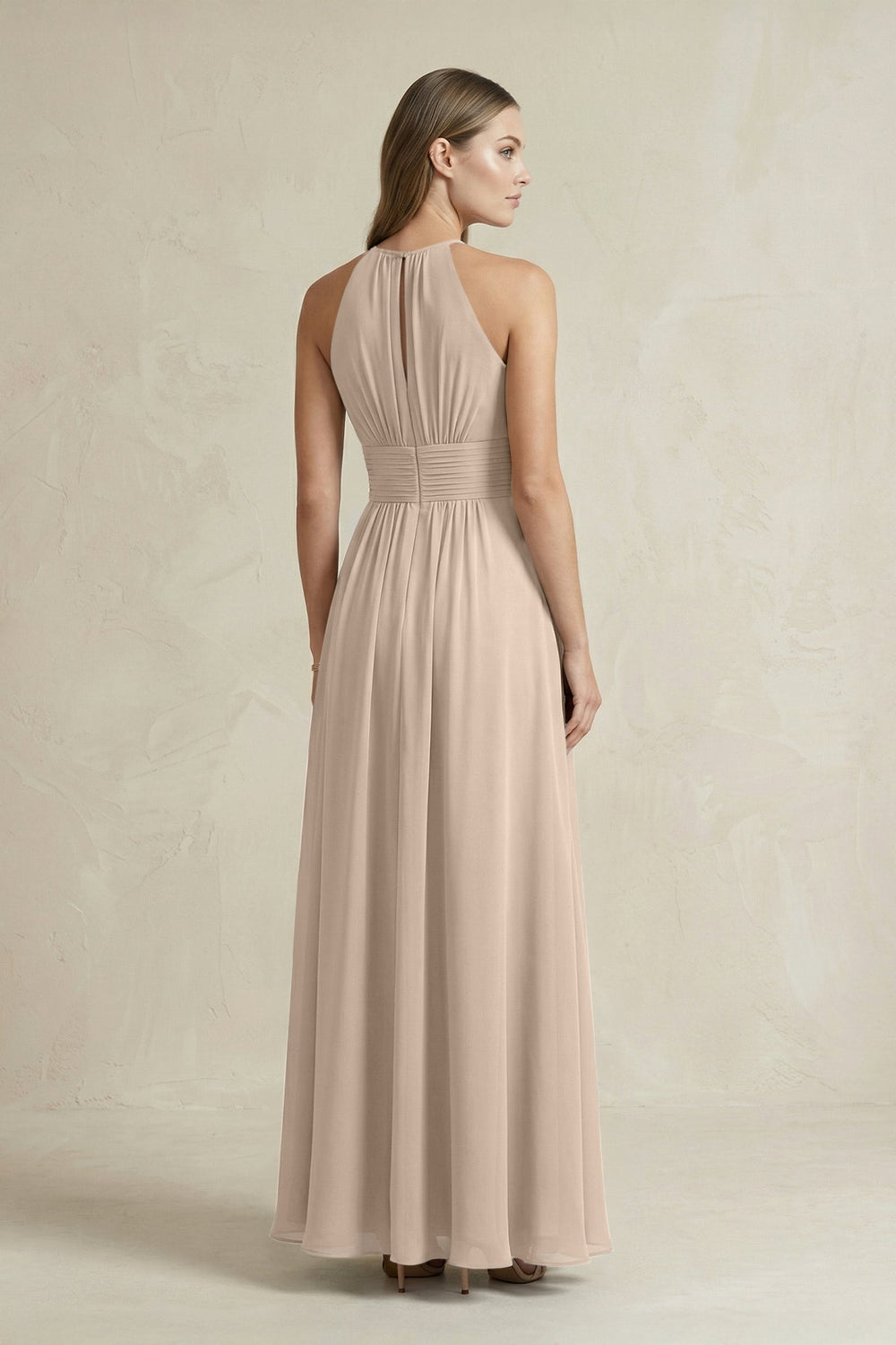 Halter A - Line Chiffon Ankle - Length Bridesmaid Dress in Almond - KISS BRIDAL Bridesmaid Dresses