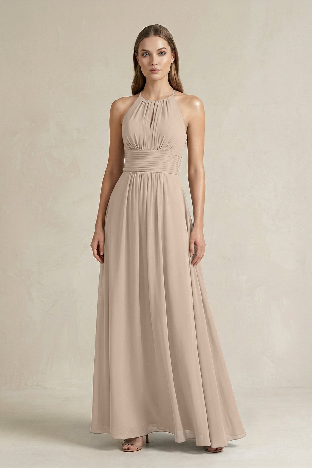 Halter A - Line Chiffon Ankle - Length Bridesmaid Dress in Almond - KISS BRIDAL Bridesmaid Dresses