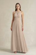 Halter A - Line Chiffon Ankle - Length Bridesmaid Dress in Almond - SHE IS ME Bridesmaid Dresses