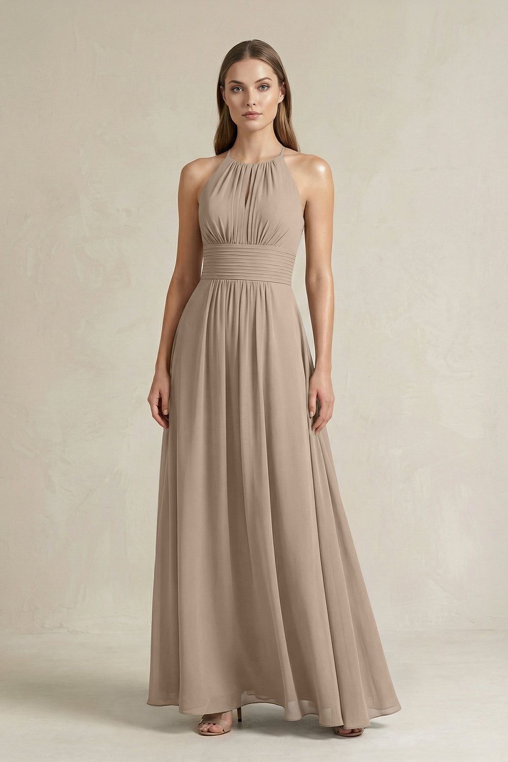 Halter A-Line Chiffon Ankle-Length Bridesmaid Dress in Almond