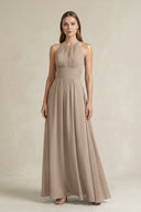 Halter A-Line Chiffon Ankle-Length Bridesmaid Dress in Almond | KISSBRIDAL
