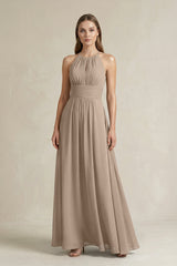 Halter A-Line Chiffon Ankle-Length Bridesmaid Dress in Almond | KISSBRIDAL