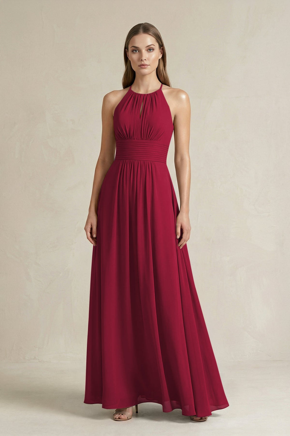 Halter A - Line Chiffon Ankle - Length Bridesmaid Dress in Berry - KISS BRIDAL Bridesmaid Dresses