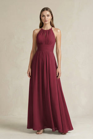 Halter A-Line Chiffon Ankle-Length Bridesmaid Dress in Berry | KISSBRIDAL