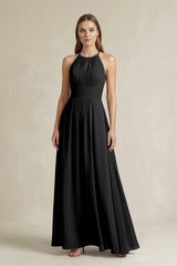 Halter A - Line Chiffon Ankle - Length Bridesmaid Dress in Black - KISS BRIDAL Bridesmaid Dresses