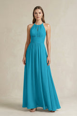 Halter A - Line Chiffon Ankle - Length Bridesmaid Dress in Blue Jay - KISS BRIDAL Bridesmaid Dresses