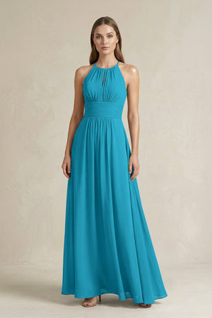 Halter A - Line Chiffon Ankle - Length Bridesmaid Dress in Blue Jay - SHE IS ME Bridesmaid Dresses