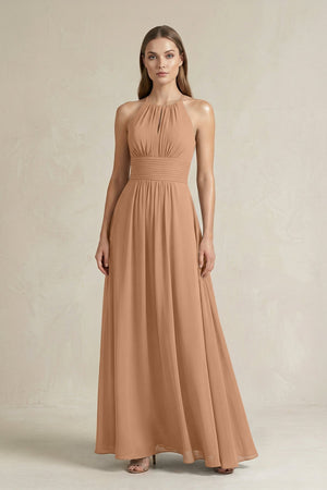 Halter A - Line Chiffon Ankle - Length Bridesmaid Dress in Bronzer - SHE IS ME Bridesmaid Dresses