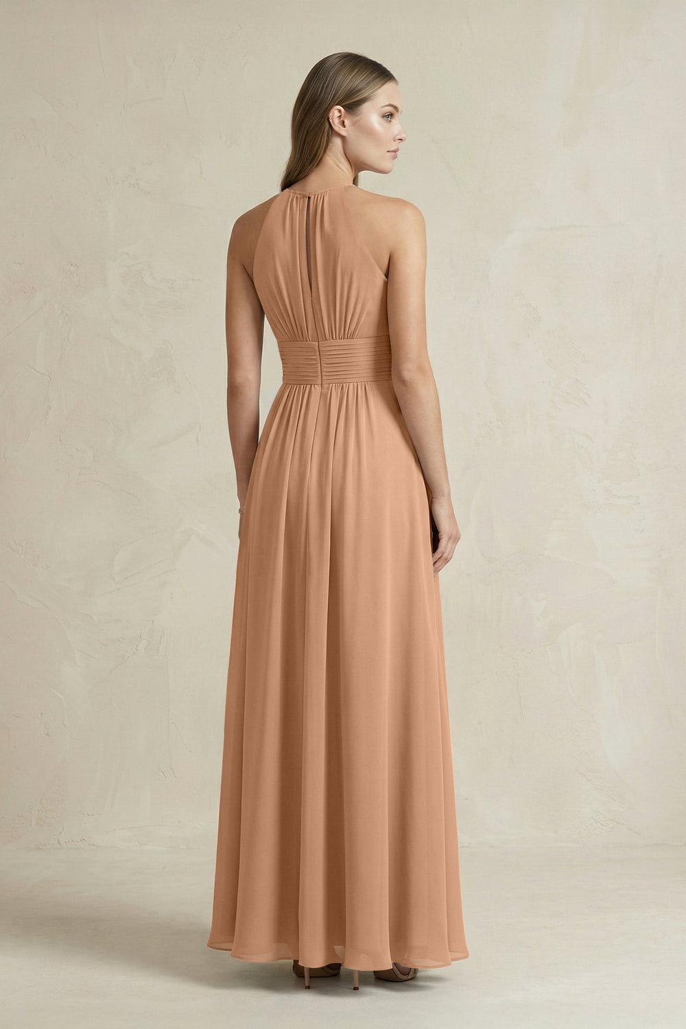 Halter A - Line Chiffon Ankle - Length Bridesmaid Dress in Bronzer - KISS BRIDAL Bridesmaid Dresses