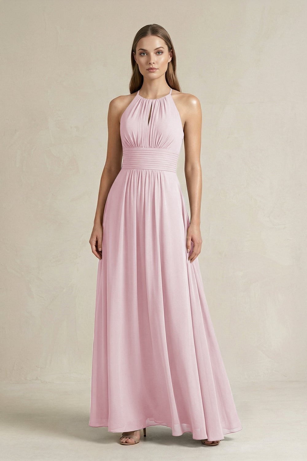 Halter A - Line Chiffon Ankle - Length Bridesmaid Dress in Candy Pink - KISS BRIDAL Bridesmaid Dresses