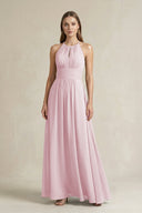 Halter A - Line Chiffon Ankle - Length Bridesmaid Dress in Candy Pink - SHE IS ME Bridesmaid Dresses