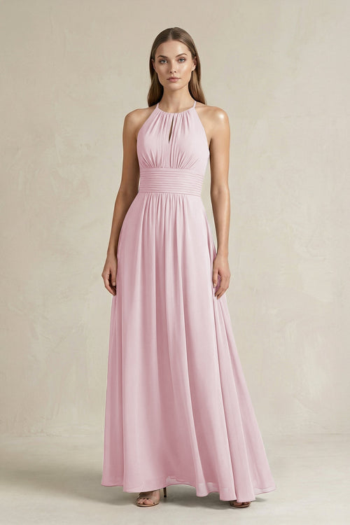 Halter A - Line Chiffon Ankle - Length Bridesmaid Dress in Candy Pink - SHE IS ME Bridesmaid Dresses