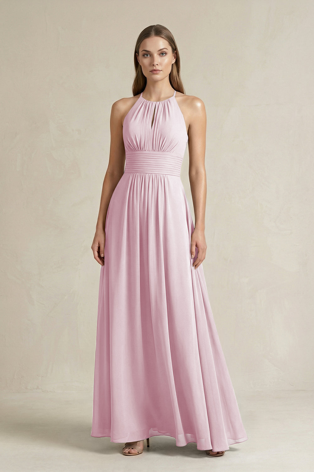 Halter A-Line Chiffon Ankle-Length Bridesmaid Dress in Candy Pink