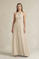Halter A - Line Chiffon Ankle - Length Bridesmaid Dress in Champagne - SHE IS ME Bridesmaid Dresses