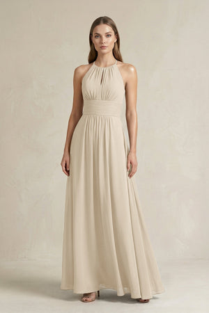 Halter A - Line Chiffon Ankle - Length Bridesmaid Dress in Champagne - SHE IS ME Bridesmaid Dresses