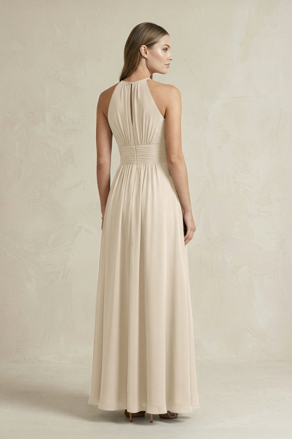Halter A - Line Chiffon Ankle - Length Bridesmaid Dress in Champagne - KISS BRIDAL Bridesmaid Dresses