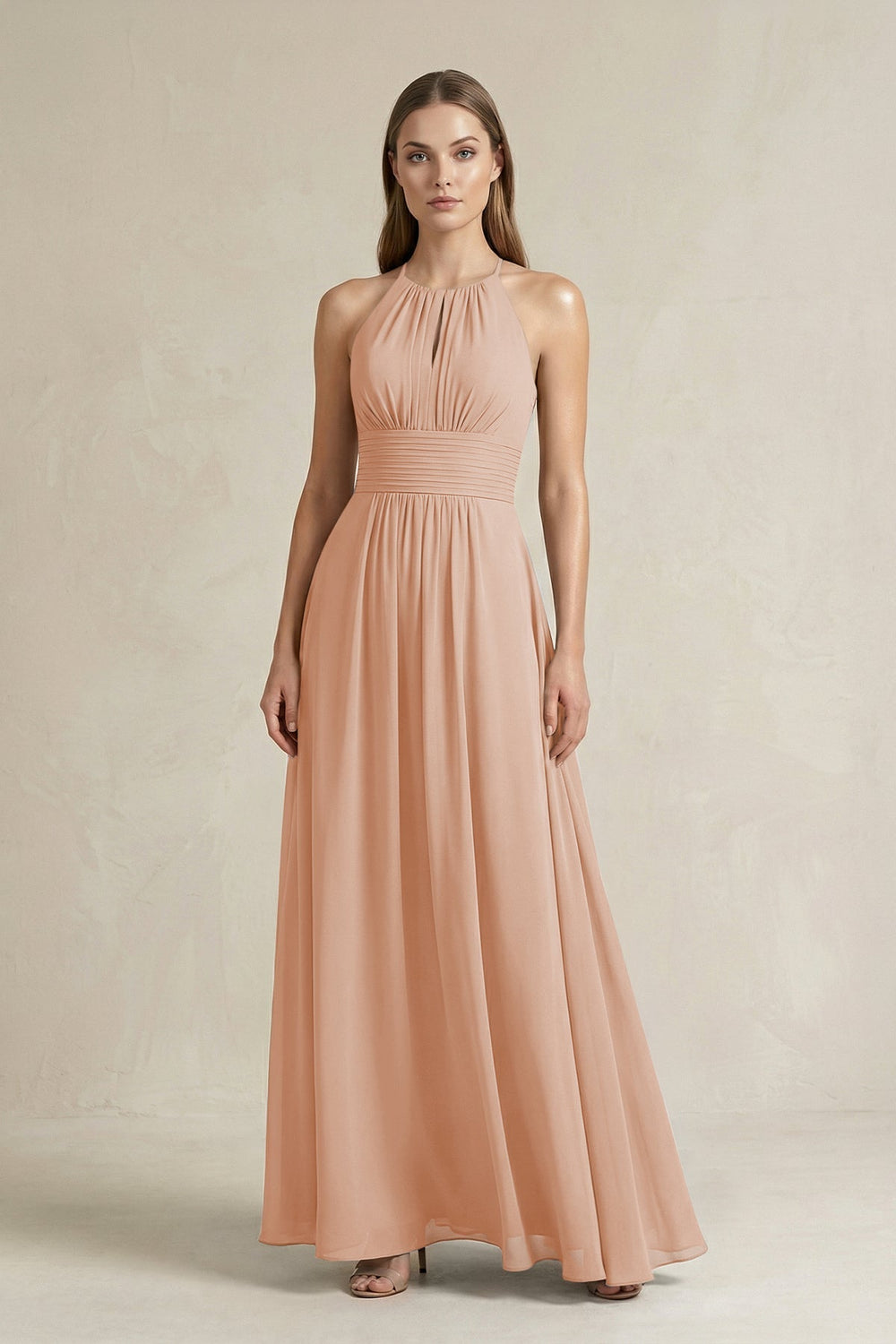 Halter A - Line Chiffon Ankle - Length Bridesmaid Dress in Champagne Rose - KISS BRIDAL Bridesmaid Dresses