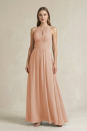 Halter A - Line Chiffon Ankle - Length Bridesmaid Dress in Champagne Rose - SHE IS ME Bridesmaid Dresses