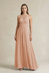 Halter A - Line Chiffon Ankle - Length Bridesmaid Dress in Champagne Rose - KISS BRIDAL Bridesmaid Dresses