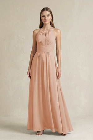 Halter A - Line Chiffon Ankle - Length Bridesmaid Dress in Champagne Rose - SHE IS ME Bridesmaid Dresses
