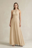 Halter A-Line Chiffon Ankle-Length Bridesmaid Dress in Champagne | KISSBRIDAL