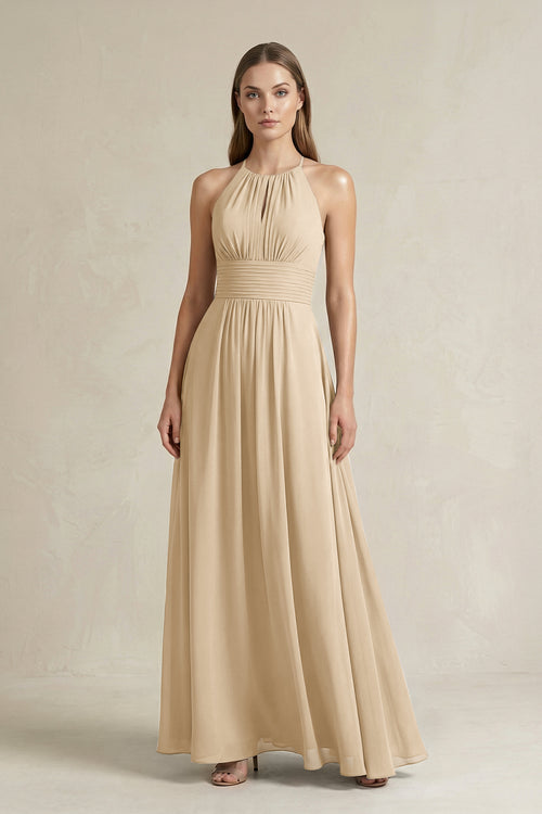 Halter A-Line Chiffon Ankle-Length Bridesmaid Dress in Champagne | KISSBRIDAL