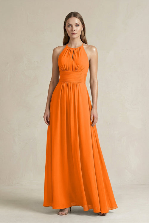 Halter A - Line Chiffon Ankle - Length Bridesmaid Dress in Cinnamon - SHE IS ME Bridesmaid Dresses