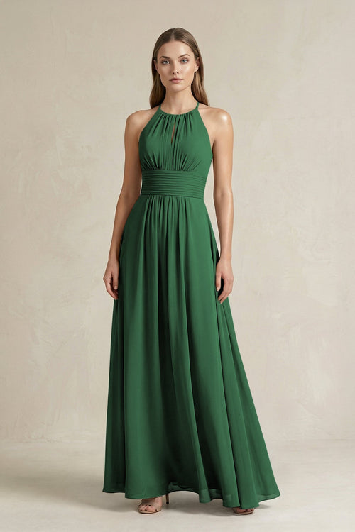 Halter A - Line Chiffon Ankle - Length Bridesmaid Dress in Dark Green - SHE IS ME Bridesmaid Dresses