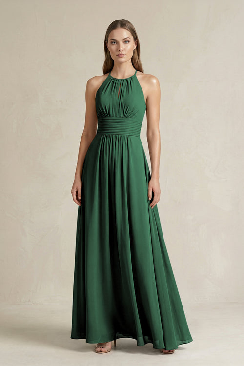 Halter A-Line Chiffon Ankle-Length Bridesmaid Dress in Dark Green | KISSBRIDAL