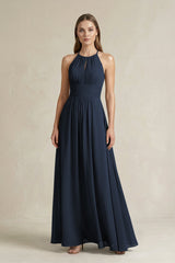 Halter A - Line Chiffon Ankle - Length Bridesmaid Dress in Dark Navy - KISS BRIDAL Bridesmaid Dresses