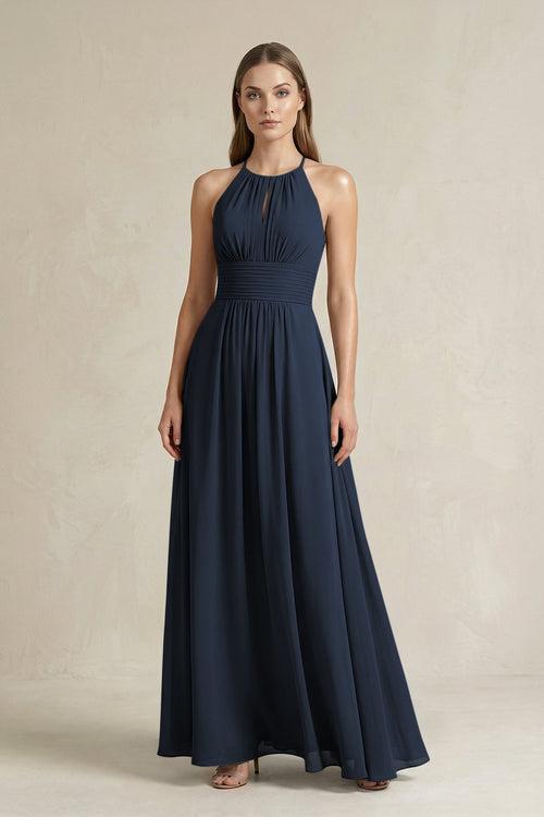 Halter A - Line Chiffon Ankle - Length Bridesmaid Dress in Dark Navy - SHE IS ME Bridesmaid Dresses