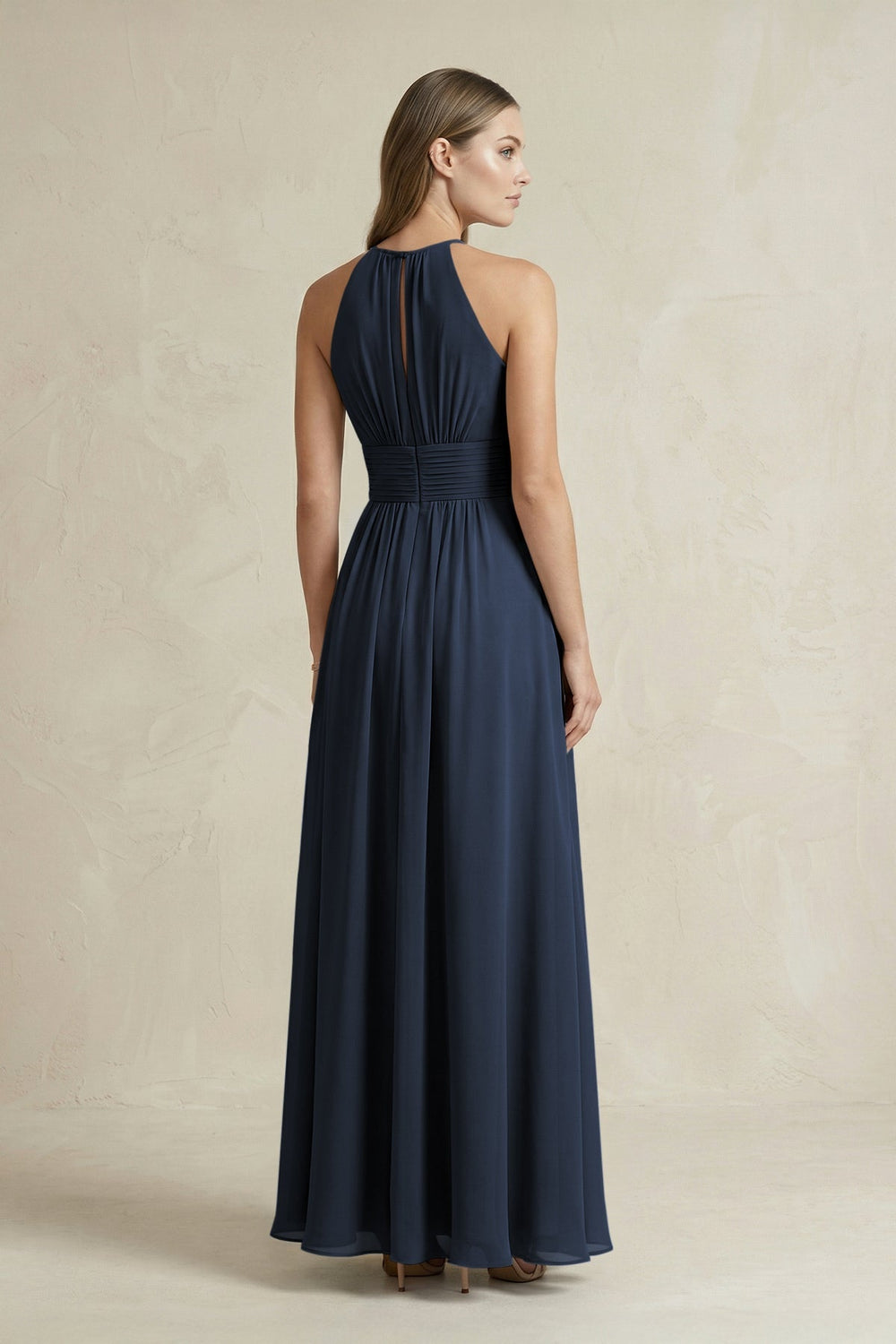 Halter A - Line Chiffon Ankle - Length Bridesmaid Dress in Dark Navy - KISS BRIDAL Bridesmaid Dresses