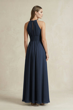 Halter A - Line Chiffon Ankle - Length Bridesmaid Dress in Dark Navy - SHE IS ME Bridesmaid Dresses