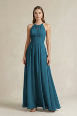 Halter A - Line Chiffon Ankle - Length Bridesmaid Dress in Dark Teal - KISS BRIDAL Bridesmaid Dresses