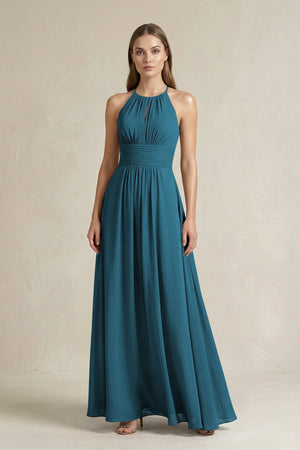 Halter A - Line Chiffon Ankle - Length Bridesmaid Dress in Dark Teal - SHE IS ME Bridesmaid Dresses