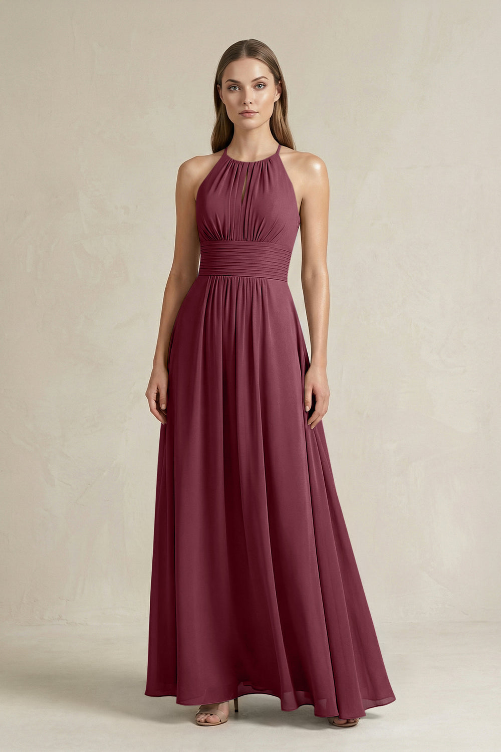Halter A-Line Chiffon Ankle-Length Bridesmaid Dress in Desert Rose