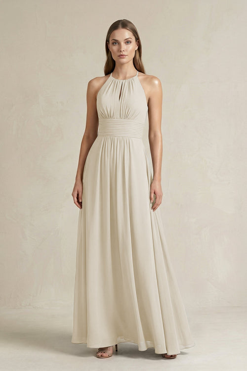 Halter A - Line Chiffon Ankle - Length Bridesmaid Dress in Dove Gray - SHE IS ME Bridesmaid Dresses