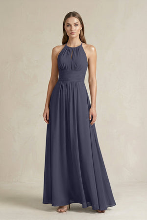 Halter A - Line Chiffon Ankle - Length Bridesmaid Dress in Dusk Blue - SHE IS ME Bridesmaid Dresses