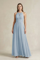 Halter A - Line Chiffon Ankle - Length Bridesmaid Dress in Dusty Blue - SHE IS ME Bridesmaid Dresses