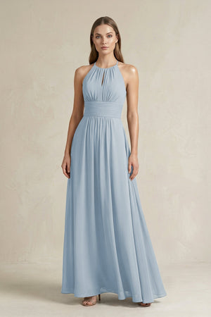 Halter A - Line Chiffon Ankle - Length Bridesmaid Dress in Dusty Blue - SHE IS ME Bridesmaid Dresses